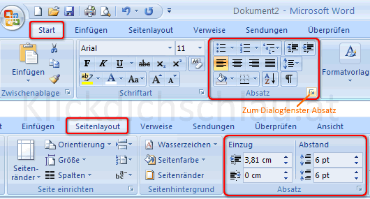 Register Start und Seitenlayout in Word 2007